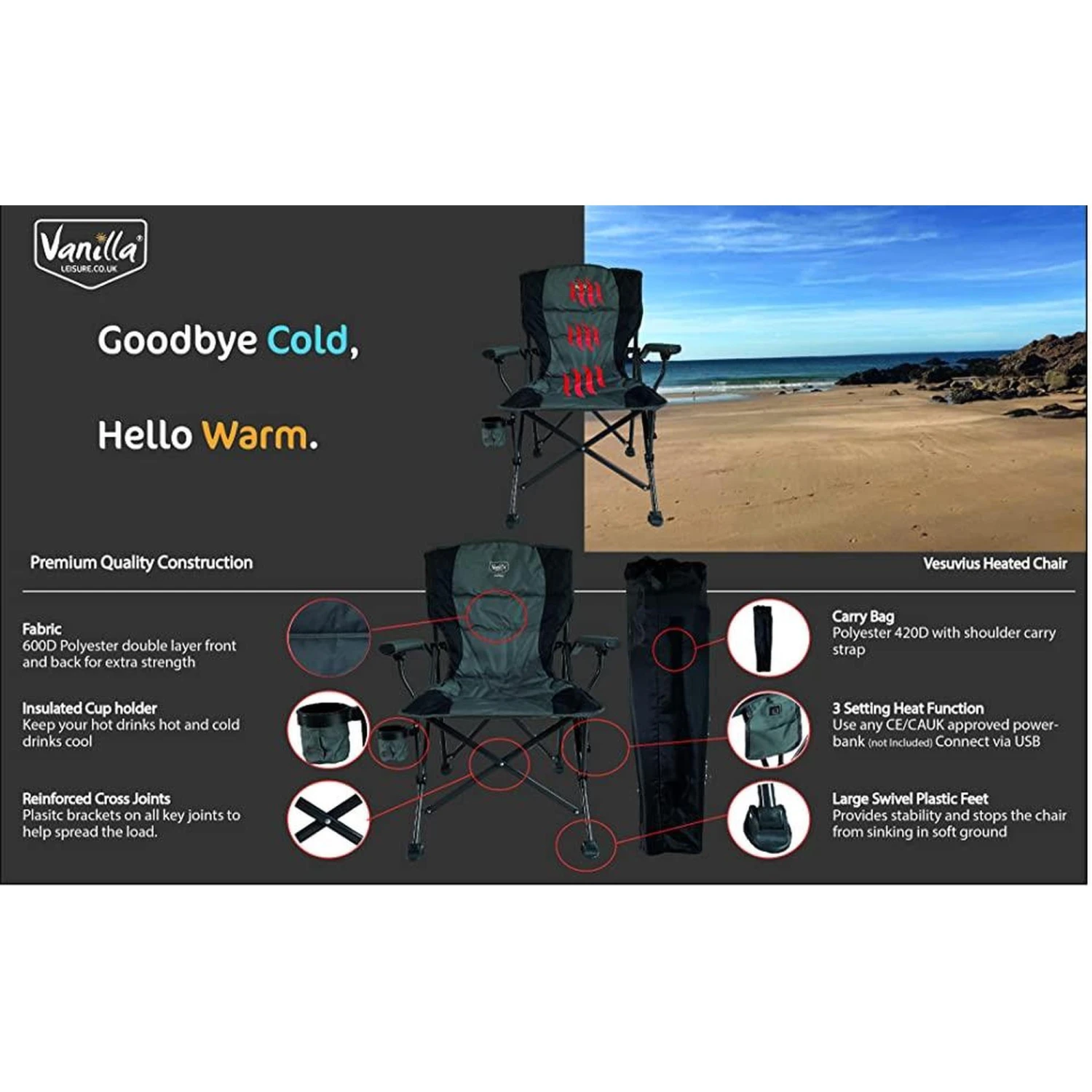 Vanilla Leisure Vesuvius Folding Heated Camping Chair + FREE Power Bank - Image 3